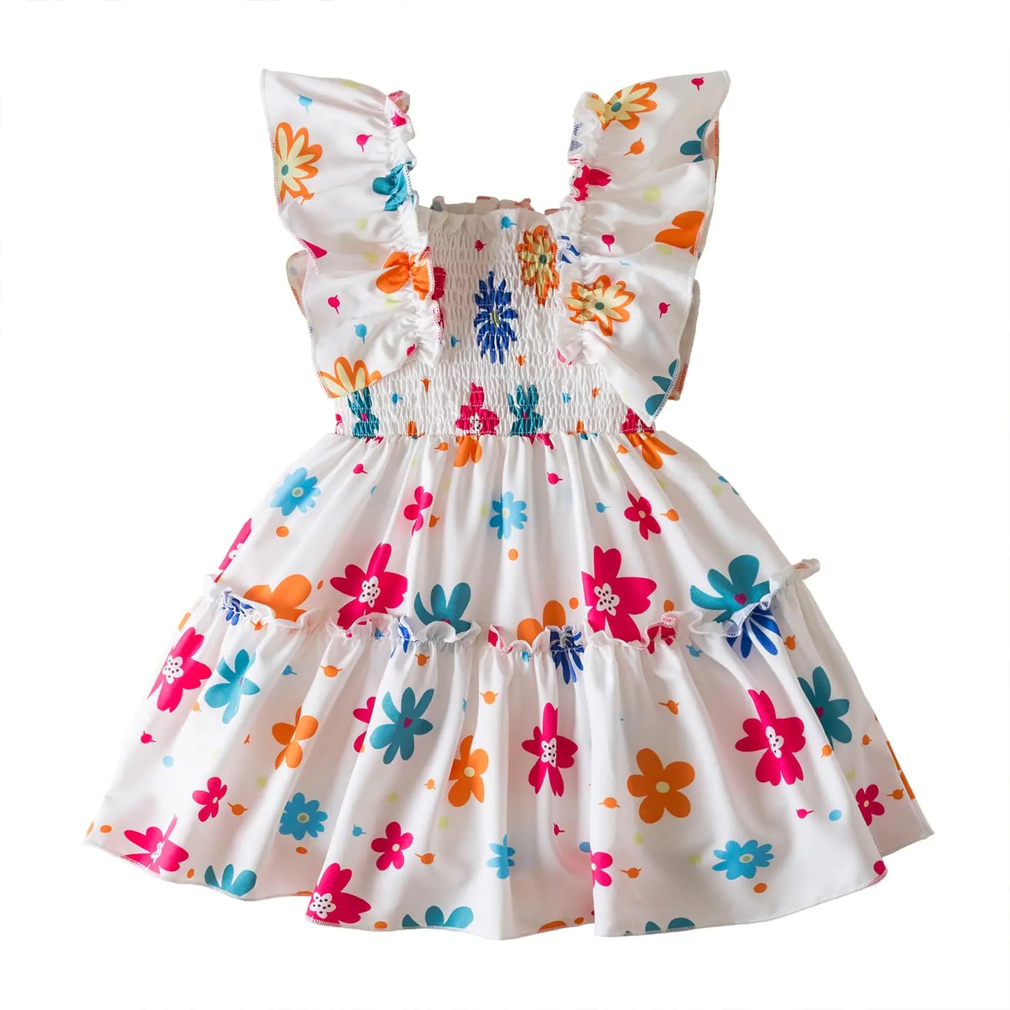 NNJXD Girl Floral Printed Summer Dress Flutter Sleeves Smock Kids Casual Holiday Clothes 2140 White Size(5Y) 4-5 Years
