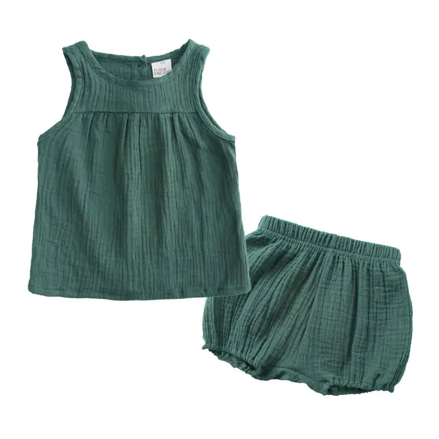 Kids Cotton Linen Summer Clothes Set - Vest & Shorts