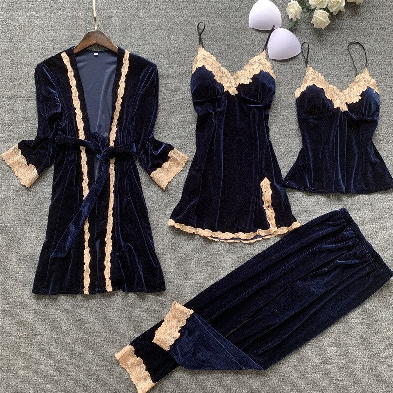 New 4PCS Women Pajamas Sets with Pants Ladies Nightgown Bathrobe Sexy Pyjama Velvet Homewear Negligee Sleepwear Pyjamas Clothing