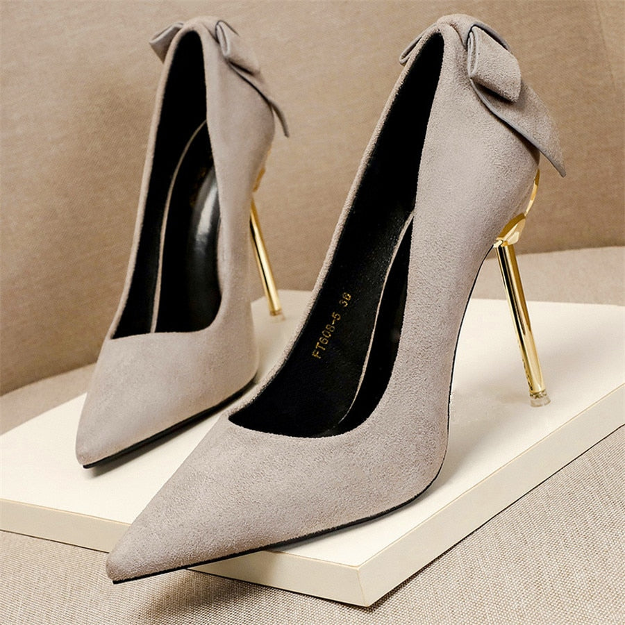 Metal Heel Sweet Bowknot Women Shoes Autumn Shallow Concise Flock High Heels Ladies Office Shoes Pointed Toe Wedding Pumps Woman