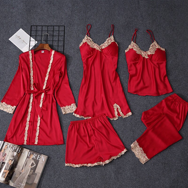 Summer Women Pajamas Sets 5 Pieces Lace Satin Sleepwear Female Pijama Suits Silk Embroidery Sleep Lounge Pyjama with Chest Pads