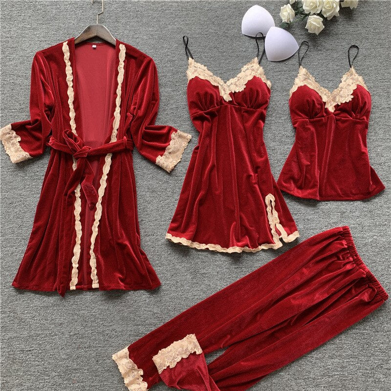 New 4PCS Women Pajamas Sets with Pants Ladies Nightgown Bathrobe Sexy Pyjama Velvet Homewear Negligee Sleepwear Pyjamas Clothing