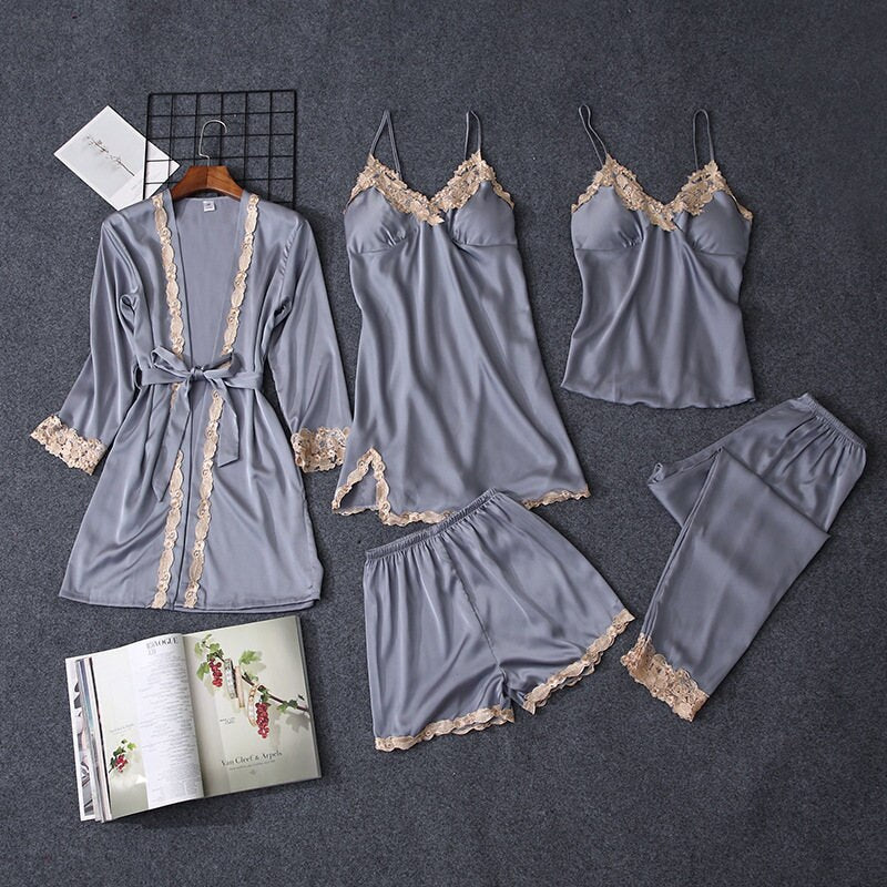 Summer Women Pajamas Sets 5 Pieces Lace Satin Sleepwear Female Pijama Suits Silk Embroidery Sleep Lounge Pyjama with Chest Pads