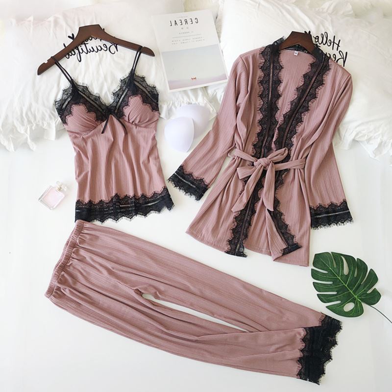 Autumn and Winter women pajamas set 3PCS Pyjama Long Sleeve Sleepwear Set Sexy Lace Robe+ Cami +Long pants Pajamas Set with Bra