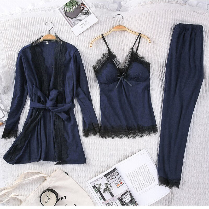 Autumn and Winter women pajamas set 3PCS Pyjama Long Sleeve Sleepwear Set Sexy Lace Robe+ Cami +Long pants Pajamas Set with Bra