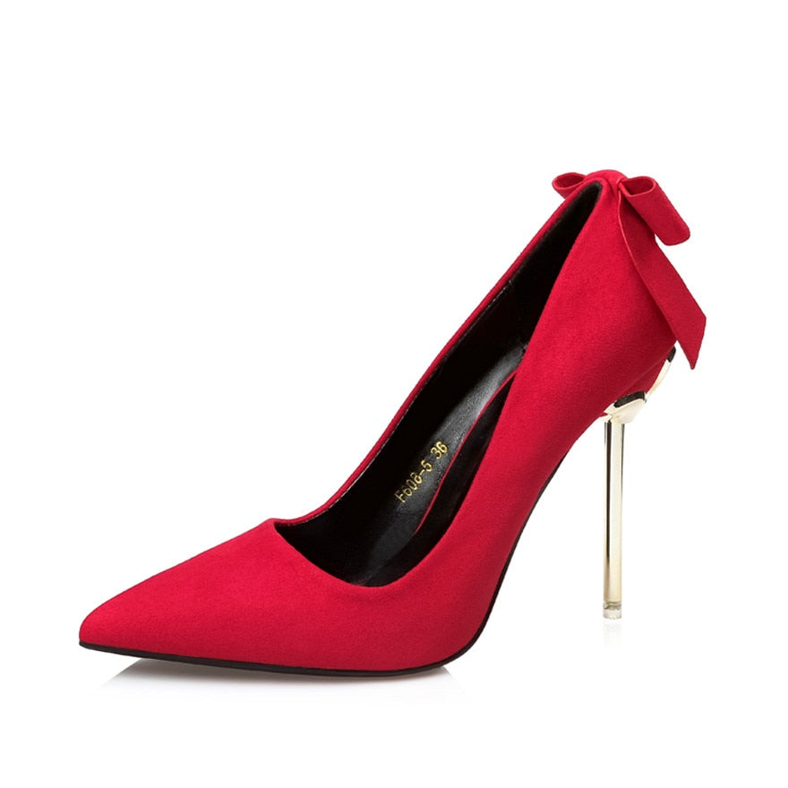 Metal Heel Sweet Bowknot Women Shoes Autumn Shallow Concise Flock High Heels Ladies Office Shoes Pointed Toe Wedding Pumps Woman