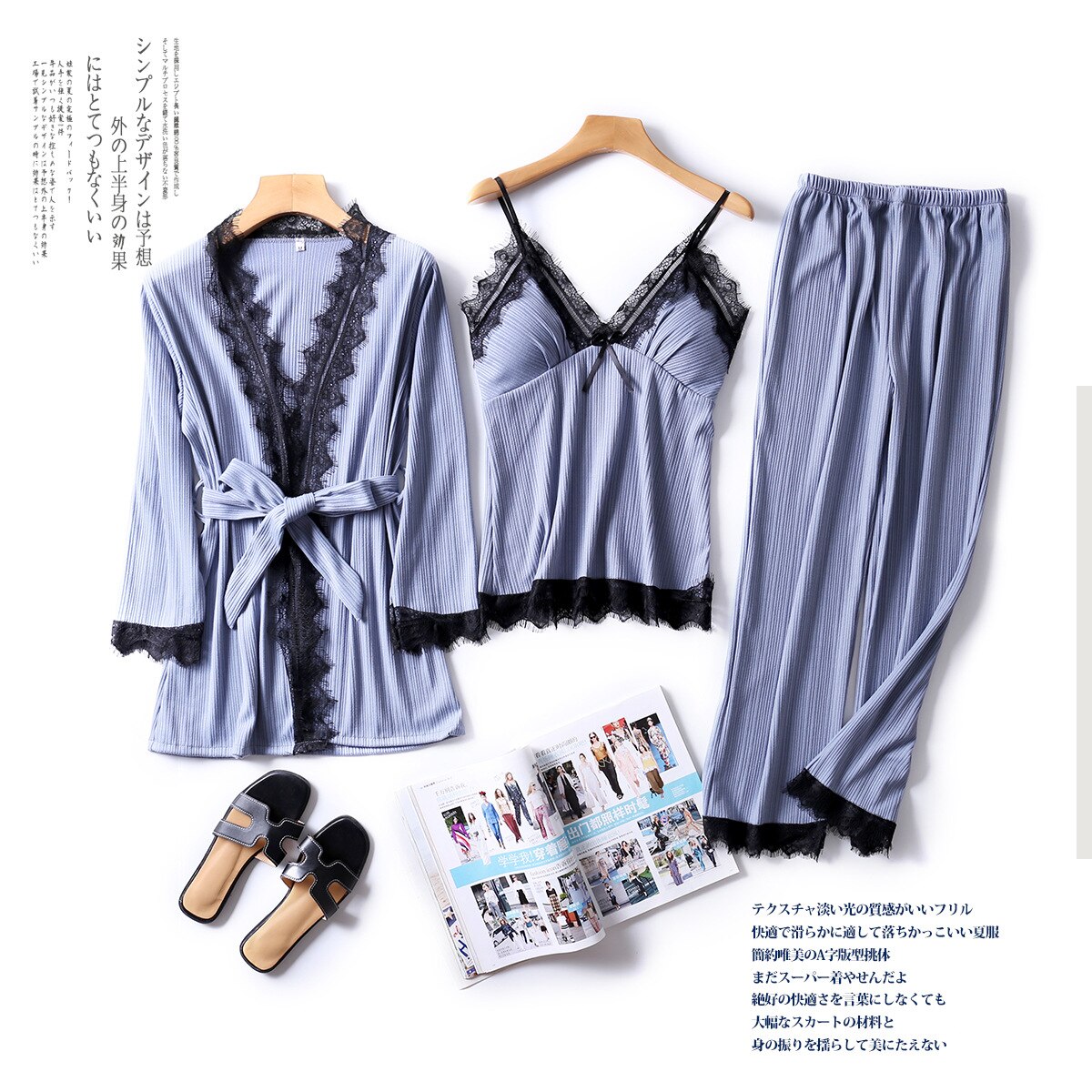 Autumn and Winter women pajamas set 3PCS Pyjama Long Sleeve Sleepwear Set Sexy Lace Robe+ Cami +Long pants Pajamas Set with Bra