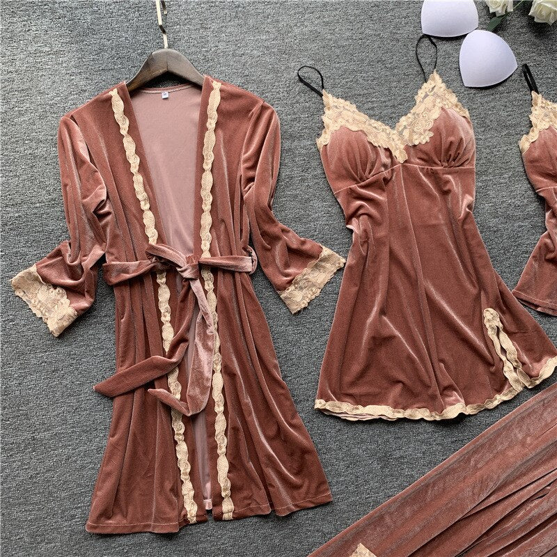 New 4PCS Women Pajamas Sets with Pants Ladies Nightgown Bathrobe Sexy Pyjama Velvet Homewear Negligee Sleepwear Pyjamas Clothing