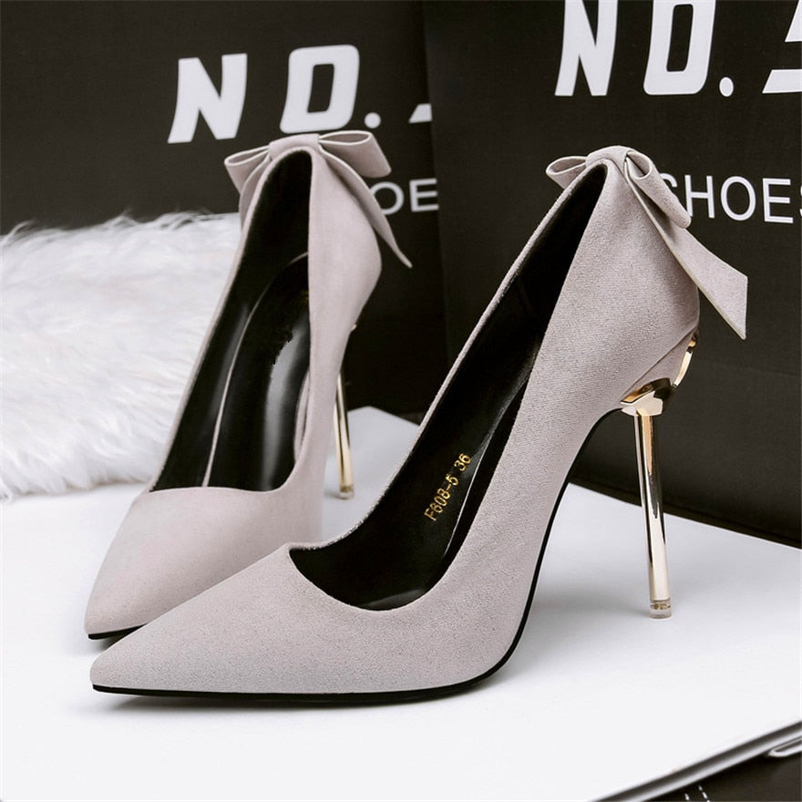 Metal Heel Sweet Bowknot Women Shoes Autumn Shallow Concise Flock High Heels Ladies Office Shoes Pointed Toe Wedding Pumps Woman