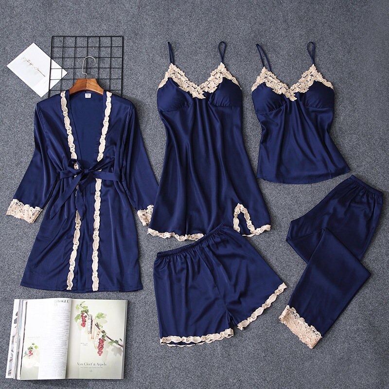 Summer Women Pajamas Sets 5 Pieces Lace Satin Sleepwear Female Pijama Suits Silk Embroidery Sleep Lounge Pyjama with Chest Pads