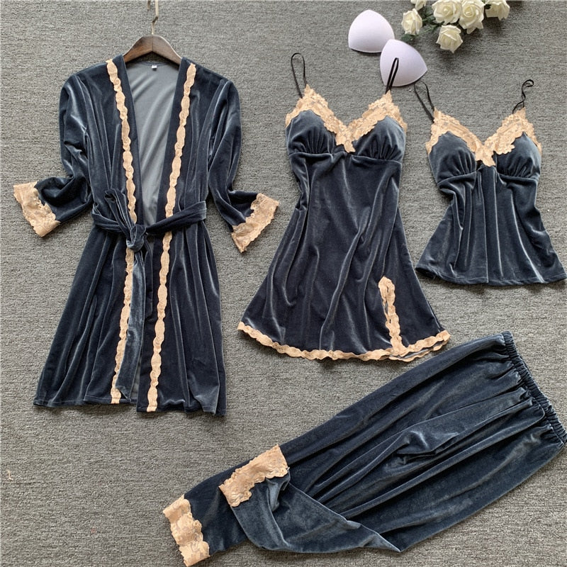 New 4PCS Women Pajamas Sets with Pants Ladies Nightgown Bathrobe Sexy Pyjama Velvet Homewear Negligee Sleepwear Pyjamas Clothing