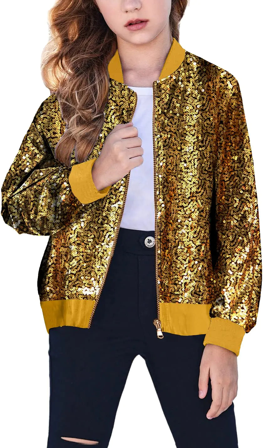 Cudtum Sequin Bomber Jackets Girls Long Sleeve Zip up Yellow Jacket for Kids Birthday Christmas Shiny Fashion Clothes
