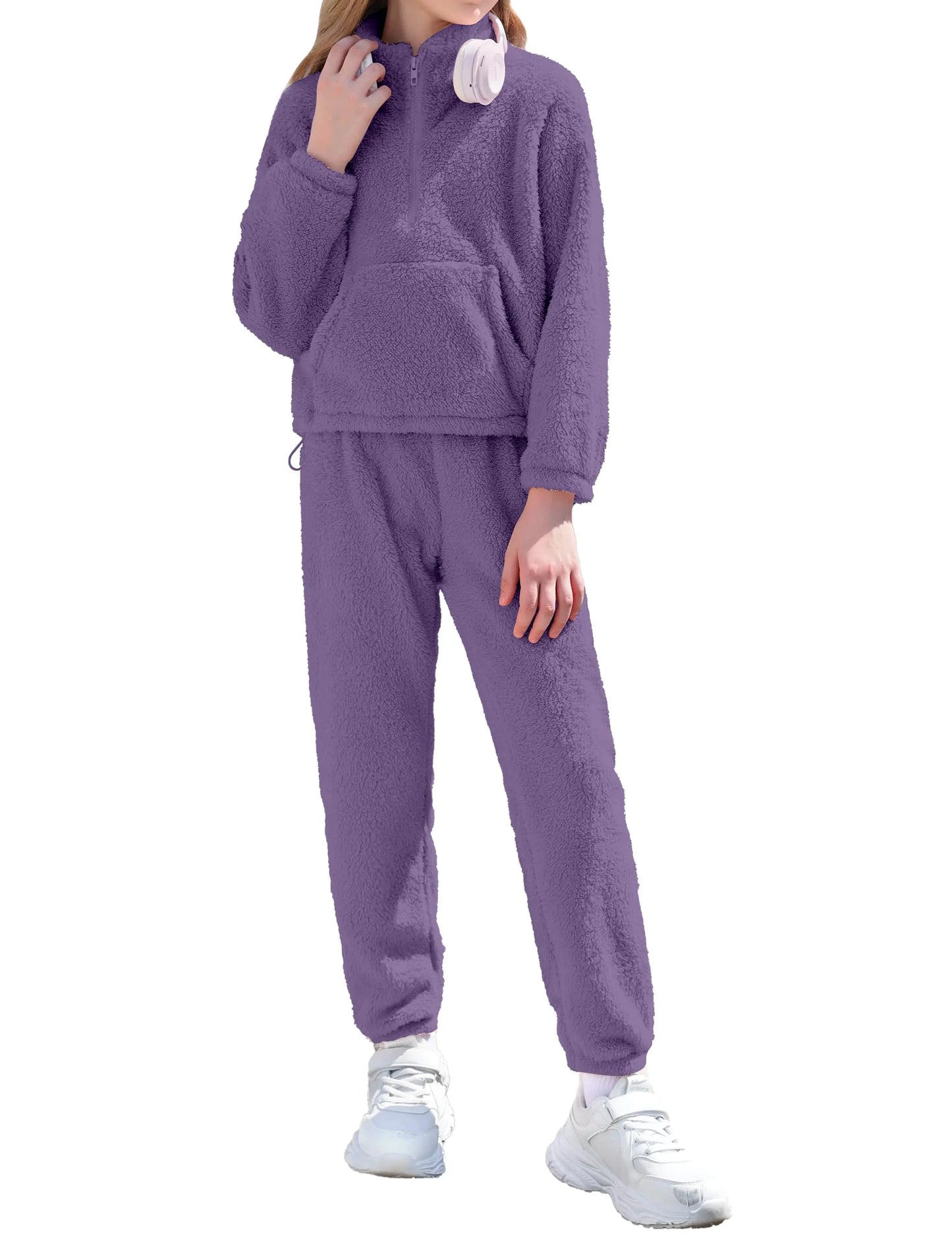 ADIFUN Girls Clothes Size 10-12 Winter Fleece Quarter-zip Purple Sweatshirt With Pockets +Pants Kids Clothes Girls Clothing Set Two Piece Outfit