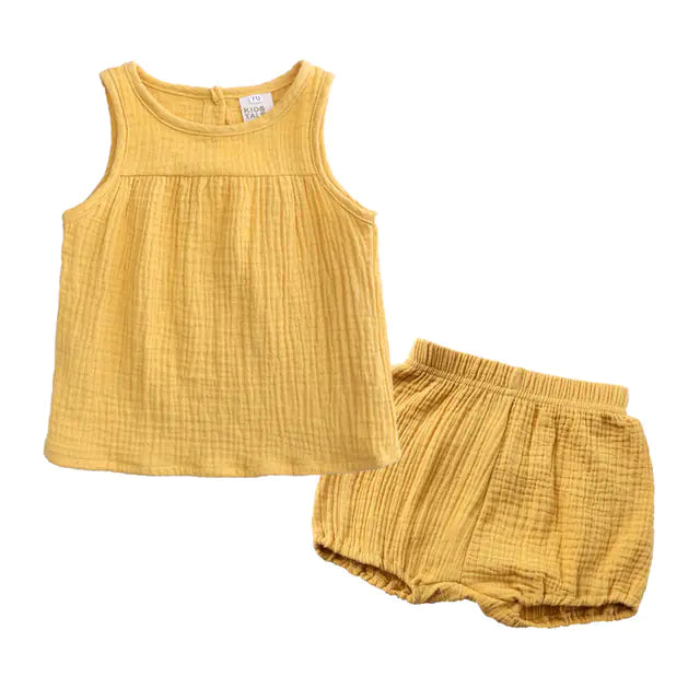 Kids Cotton Linen Summer Clothes Set - Vest & Shorts