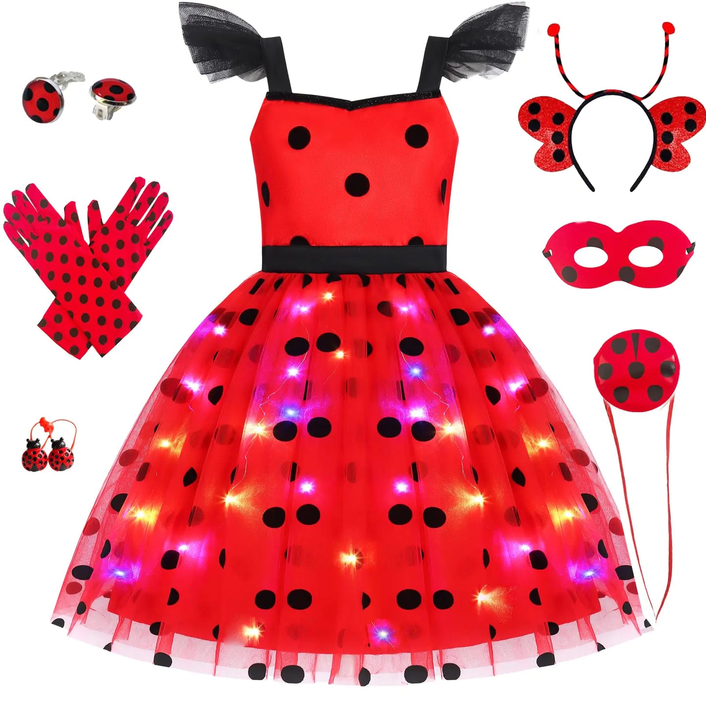 SZ-TONDA Girls Light up Ladybug Costume - Kids LED Princess Dress Halloween Cosplay Outfit Clothes Apparels 3-14years