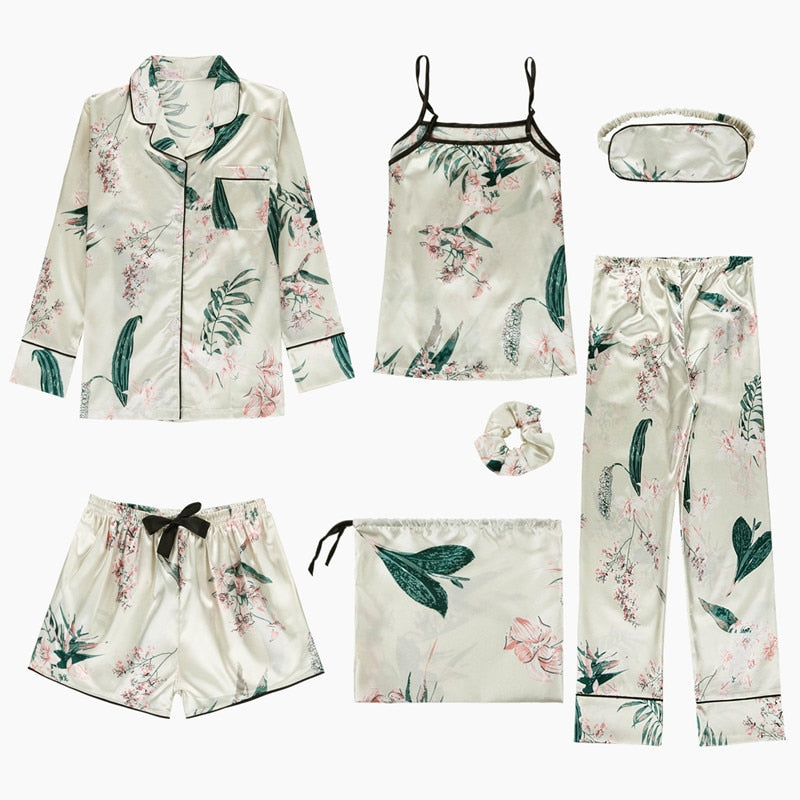Spring Summer 7 Pcs Silk Pijamas Set Sexy Women Pajamas Print Shorts Long Sleeve Top Elastic Waist Pants Full Lounge Sleepwear