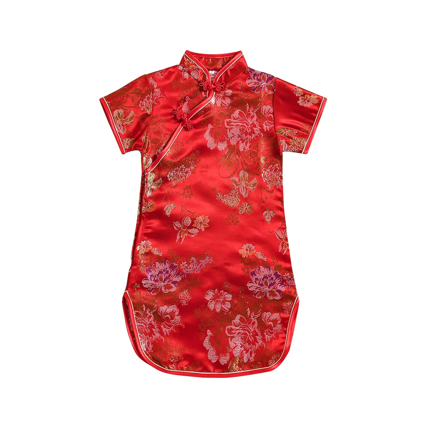 Girls Peony Qipao Chinese New Year Dress Chinese Traditional Clothes for Kids Toddler (Red-C 8)