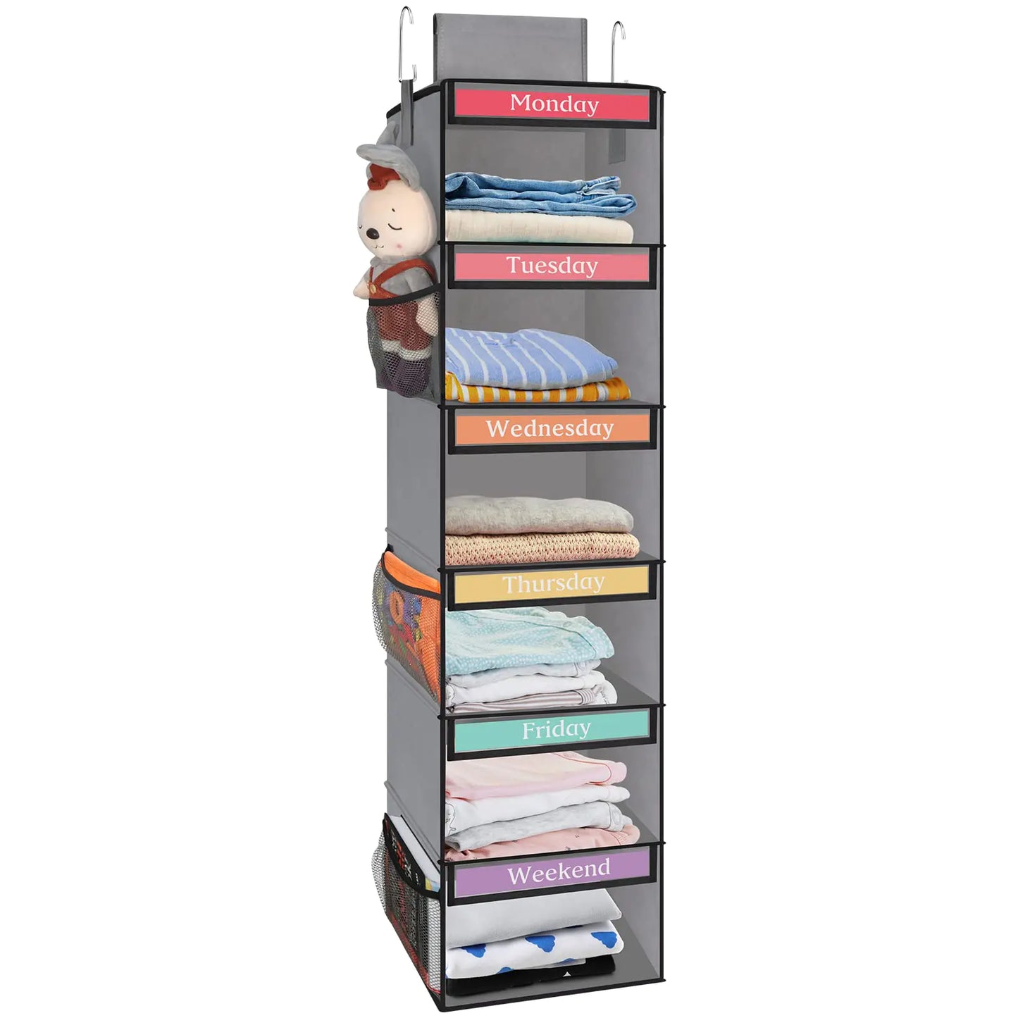 Fixwal 6-Shelf Weekly Hanging Closet Organizer for Kids with 6 Side Pockets Weekday Kids Clothes Organizers Monday Through Friday Clothes Foldable Hanging Storage Shelves (Grey)