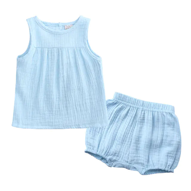 Kids Cotton Linen Summer Clothes Set - Vest & Shorts