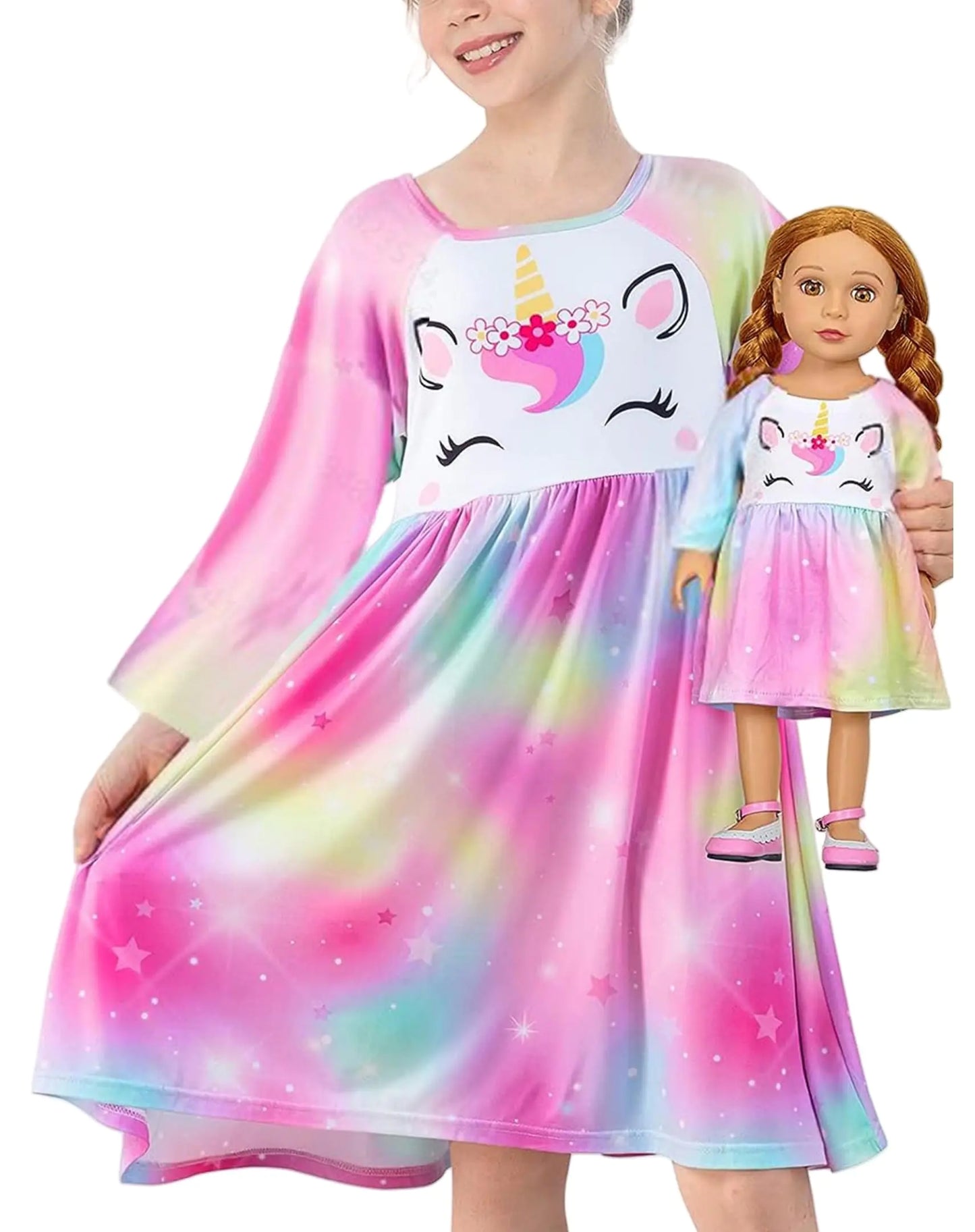 Bow Dream 2 Pack Girls Cute Cartoon Dresses for Girls Party Birthday Long Sleeve Kids Clothes Girl Pink Yellow Size 140