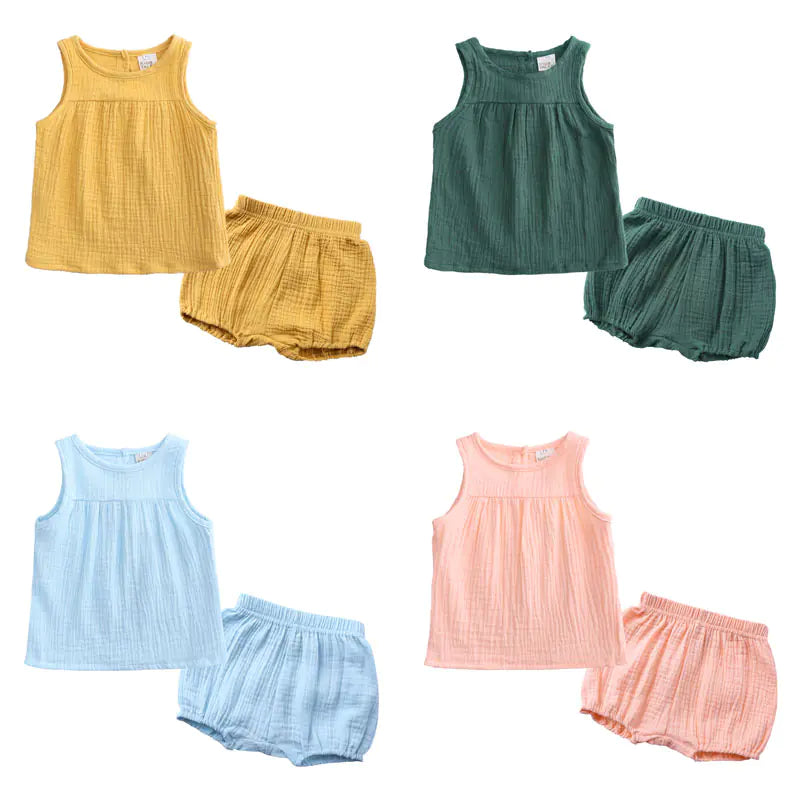 Kids Cotton Linen Summer Clothes Set - Vest & Shorts
