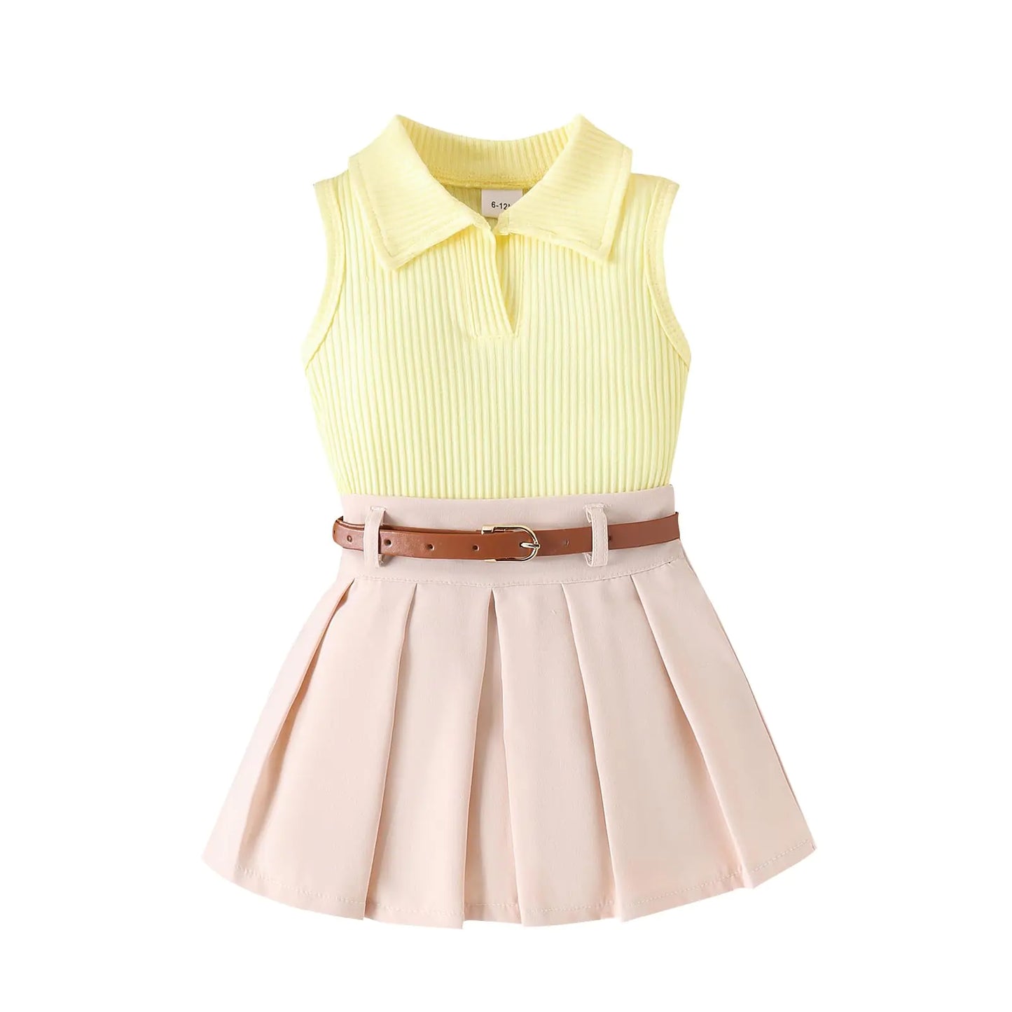 Lucikamy Toddler Baby Girl Skirts Outfit Spring Summer Kids Clothes Sleeveless Knit Vest Top + Pleated A-Line Skirt Set (Yellow Lapel + Belt 12-18 Months)
