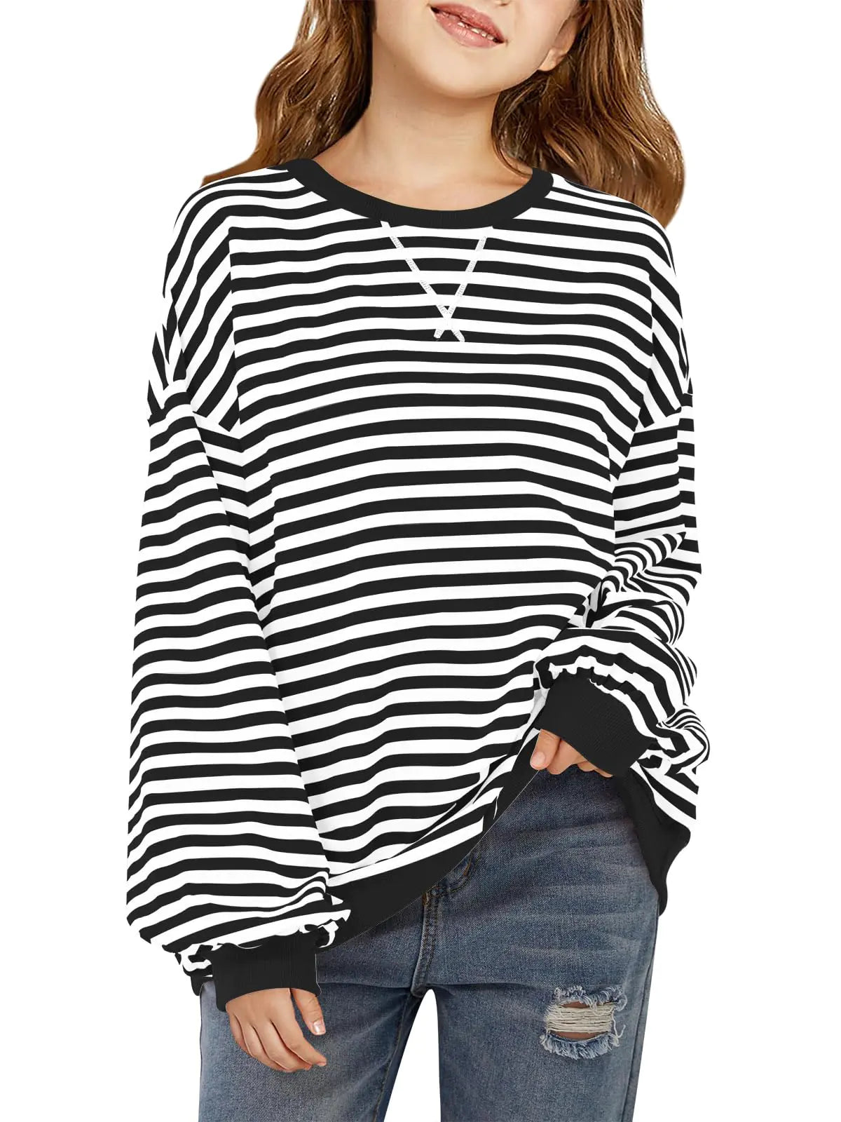 Haloumoning Girls Striped Crewneck Sweatshirt Kids Long Sleeve Oversized Fashion Pullover Tops Fall Clothes 5-14 Years Black