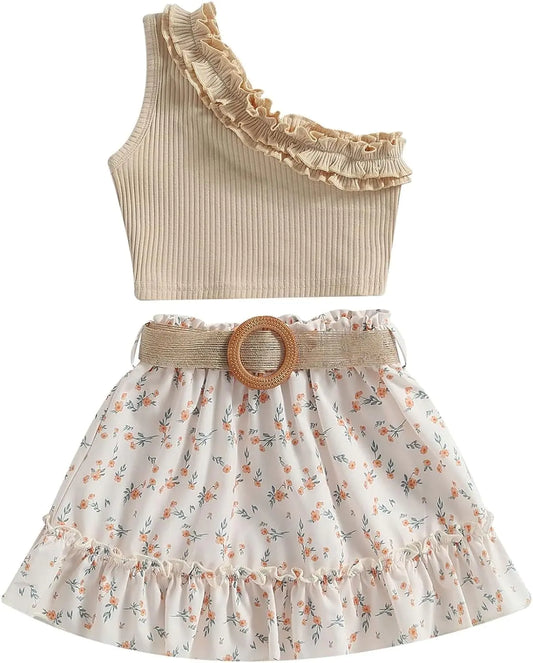 BOIZONTY Kids Big Girls Birthday Clothes Ruffle Off Shoulder Crop Tops+ Tutu Floral Skirt Dress with Belt Kids Short Outfit (Beige Floral Skirt Set7-8 Years)