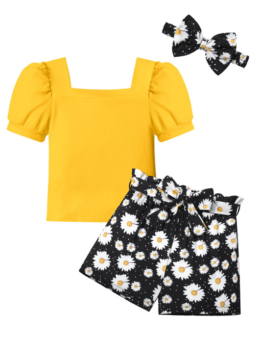 BAVADER Girls Clothes Size 7 Square Neck Girls Clothes Size 8 Short Sleeve Yellow Tops Daisy Short Sets Kids Clothes Girls Clothes for Girls Size 7-8 Girls Summer Outfits