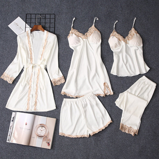 Summer Women Pajamas Sets 5 Pieces Lace Satin Sleepwear Female Pijama Suits Silk Embroidery Sleep Lounge Pyjama with Chest Pads