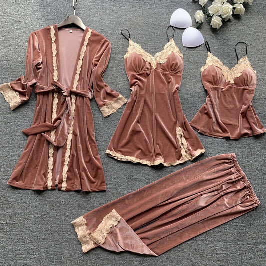 New 4PCS Women Pajamas Sets with Pants Ladies Nightgown Bathrobe Sexy Pyjama Velvet Homewear Negligee Sleepwear Pyjamas Clothing