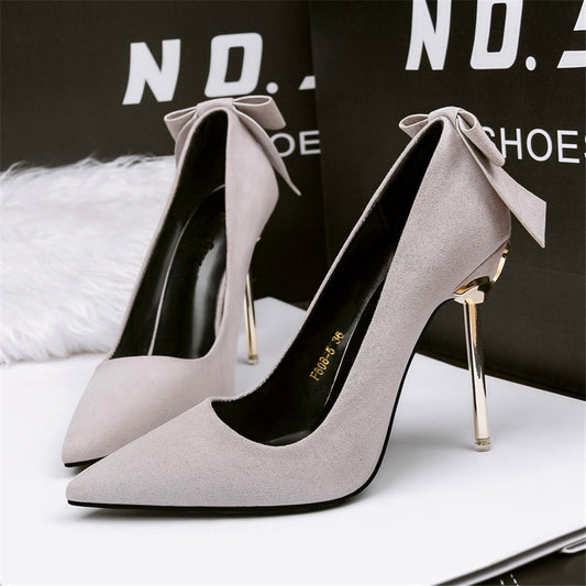 Metal Heel Sweet Bowknot Women Shoes Autumn Shallow Concise Flock High Heels Ladies Office Shoes Pointed Toe Wedding Pumps Woman