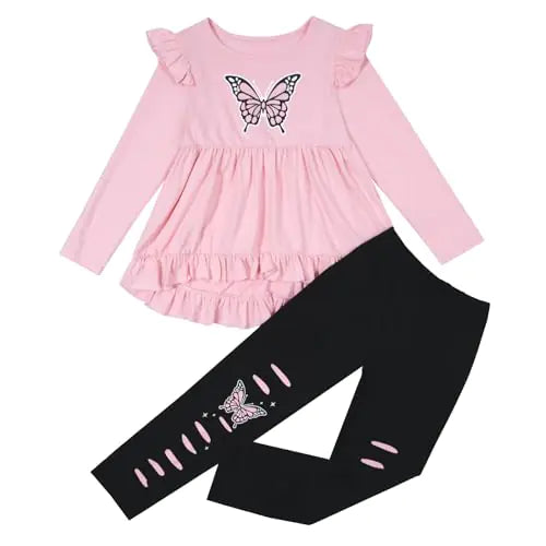 Cudtum Girls 2 Piece Outfits Ruffle Sleeve Pullover and Floral Print Sweatpants Kids Clothing Set Winter Clothes