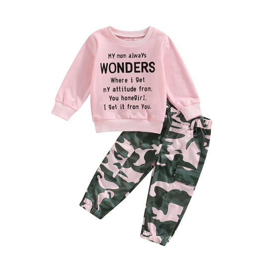 WZTYYDS Toddler Girls Clothes 2T 3T 4T 5T Kids Fall Winter Outfits Letter Sweatshirt Pullover Tops Camouflage Pants Set