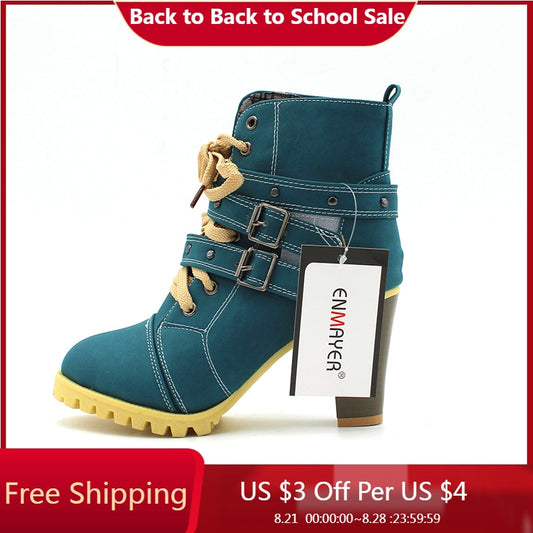 ENMAYER Fashion Women Boots Style Lace Up High Heels Boots Waterproof Platform Ankle Boots For Women Shoes New Sale Shoes Women