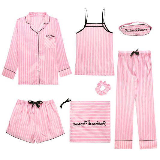 Spring Summer 7 Pcs Silk Pijamas Set Sexy Women Pajamas Print Shorts Long Sleeve Top Elastic Waist Pants Full Lounge Sleepwear
