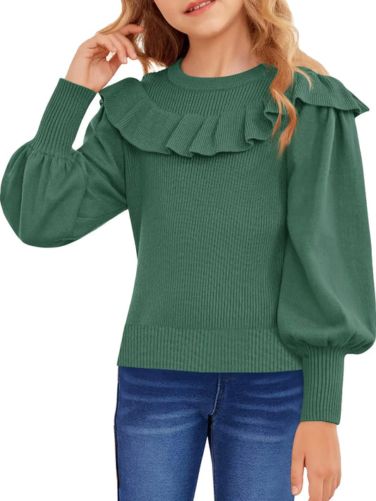 Girls Lantern Sleeve Ruffle Sweaters Tops Kids Fashion Knit Crewneck Pullover Clothes 5-14 Years Green