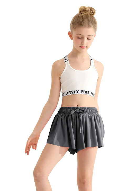 Girls Flowy Butterfly Shorts Athletic 2 in 1 Running Skirt Grey Shorts Cheer Tennis Dance Preppy Kids Clothes 7-8 Years