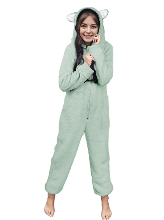 Batermoon Girls Fleece Zip Up Jumpsuits Kids Hooded Rompers Costume Winter Clothes 5-14 Years Green 7-8 Years