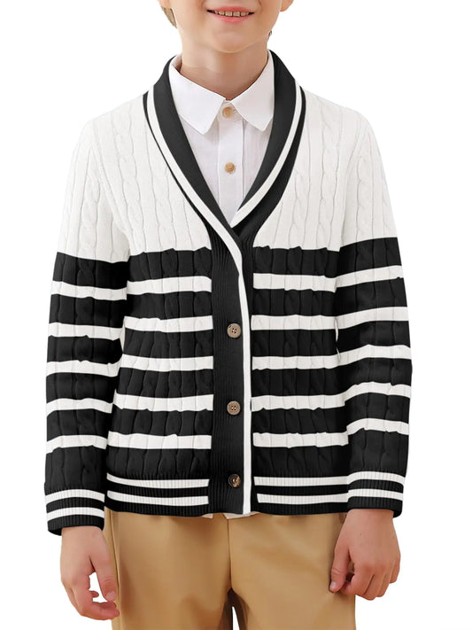 Haloumoning Boys Cardigan Striped Cable Knit Sweater Kids Casual Long Sleeve Shawl Collar Fall Clothes 4-14Y White