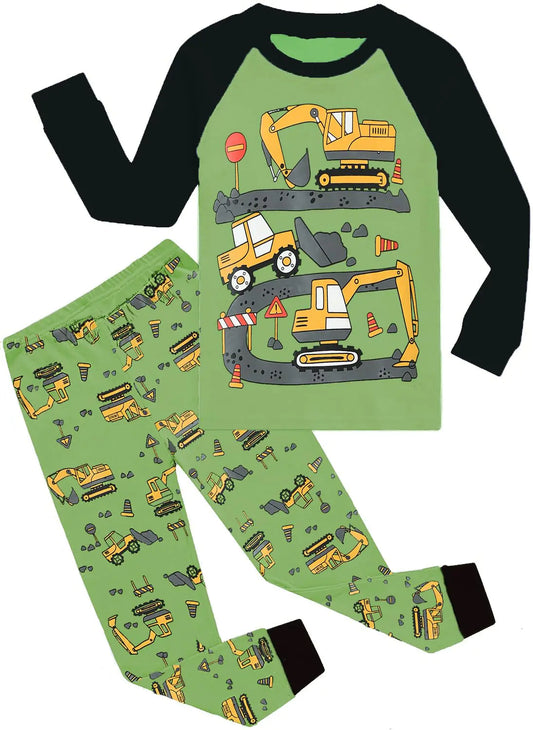 Little Hand Boys Pajamas Excavator Construction Cotton Kids 2 Piece Winter Raglan Sleeve Sleepwear Clothes Set 5t