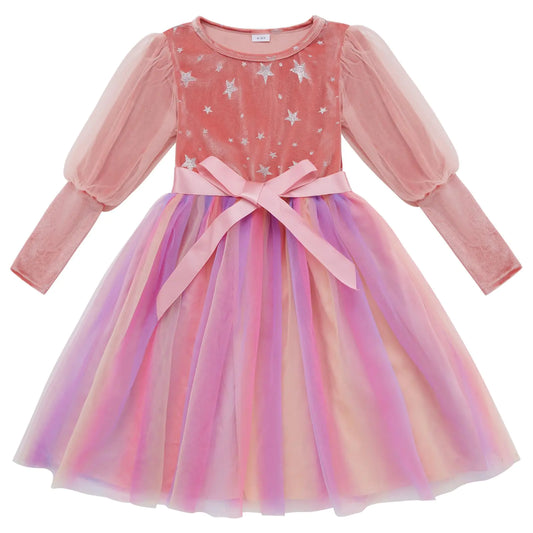 ESHOO Toddler Girl Christmas Dress Mesh Long Sleeve Star Printed Velvet Dresses with Waistband Kids Fall Winter Clothes