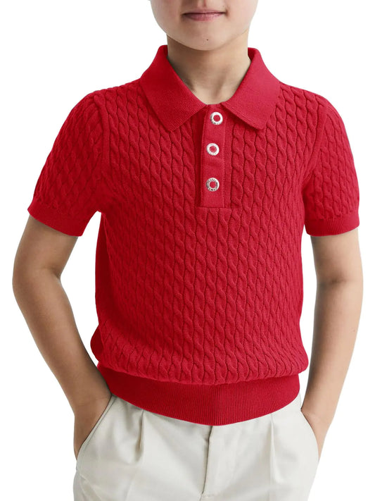 Haloumoning Boys Cable Knit Polo Shirt Kids Short Sleeve Sweater Fashion Pullover Tops Clothes 5-14 Years Red