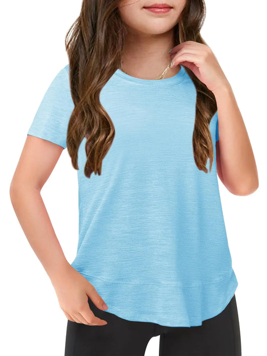 Haloumoning Kids Girls Soft Patchwork Loose T Shirts Summer Curved Hem Clothes 4-14 Years Blue