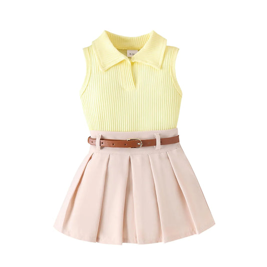 Lucikamy Toddler Baby Girl Skirts Outfit Spring Summer Kids Clothes Sleeveless Knit Vest Top + Pleated A-Line Skirt Set (Yellow Lapel + Belt 12-18 Months)