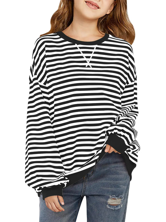 Haloumoning Girls Striped Crewneck Sweatshirt Kids Long Sleeve Oversized Fashion Pullover Tops Fall Clothes 5-14 Years Black