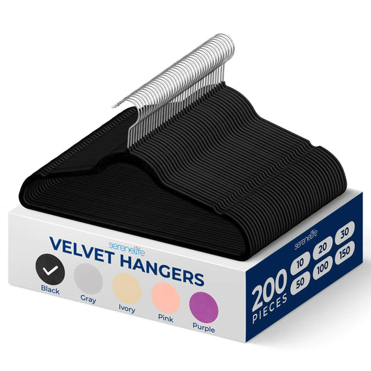 SereneLife Velvet Hangers 200 Pack - Non-Slip Felt Hangers with 360° Swivel Hook - Ultra-Thin Lightweight Velvet Hangers for Shirts Sweaters Hoodies Kids Clothes & Dresses - Space-Saving Black