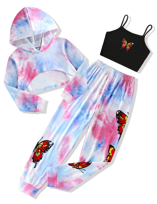 Gaupafmb Kids Clothes Girls 3PCs Tie-dye with Butterfly Print Cropped Hoodie Sweatshirt Butterfly Print Cami Tops Sweatpants 9 Year Old Girl Clothes